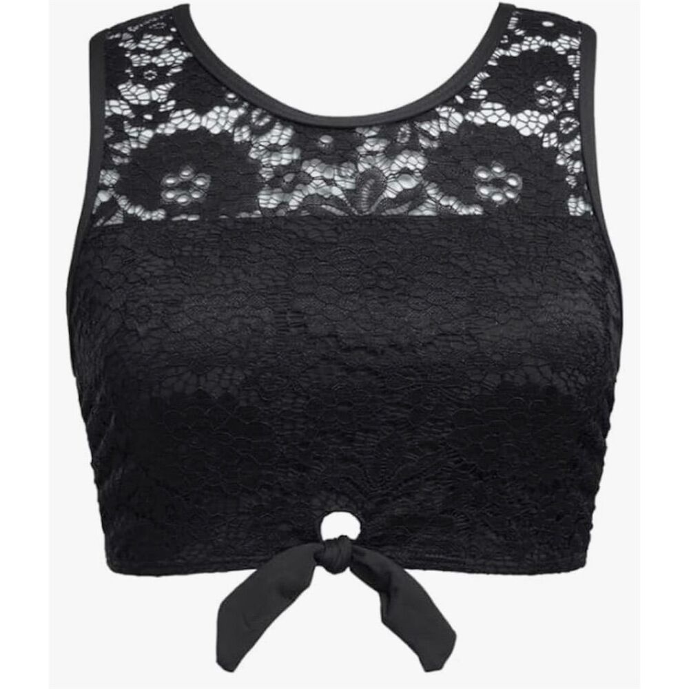 Women's High Neck Bikini Top Black 2XL Lace Detail Front Tie Knot